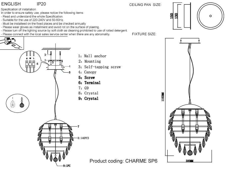 Подвесной светильник Crystal Lux CHARME SP6 CHROME/TRANSPARENT