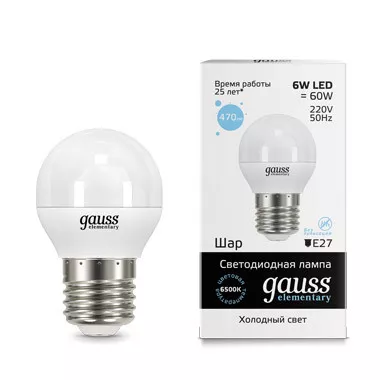 Лампа Gauss Elementary Шар 6W 470lm 6500K Е27 LED 1/10/100