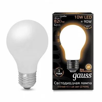 Лампа Gauss Filament А60 10W 820lm 2700К Е27 milky LED 1/10/40