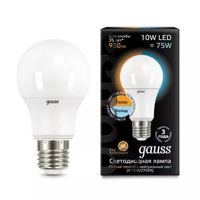Лампа Gauss A60 10W 930lm 3000K/4100K E27 изм.цвет.темп. LED 1/10/50