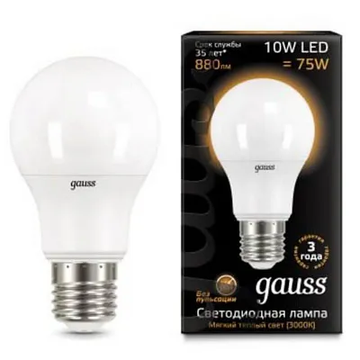 Лампа Gauss A60 10W 880lm 3000K E27 LED 1/10/50