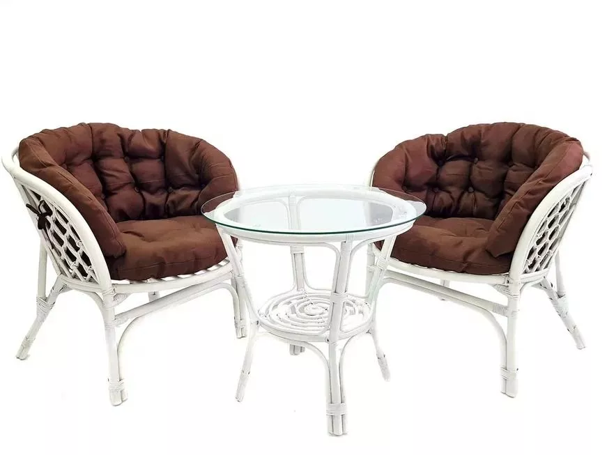 Комплект мебели из ротанга Багама дуэт с круглым столом белый (подушки твил полные коричневые)