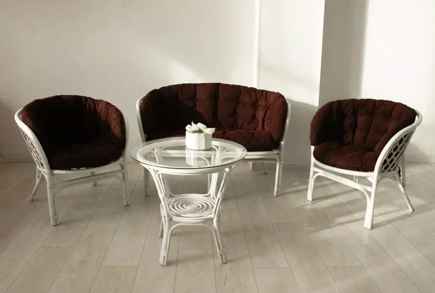 Комплект мебели из ротанга Багама с диваном белый матовый (подушки шенилл полные коричневые)