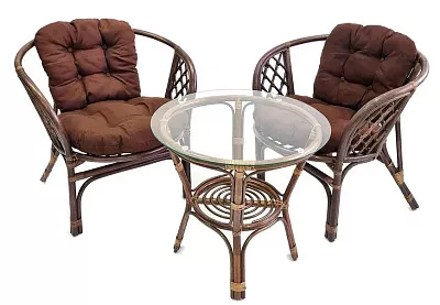 Комплект мебели из ротанга Багама дуэт с круглым столом орех матовый подушки твил обычные коричневые