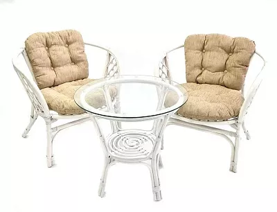 Комплект мебели из ротанга Багама дуэт с круглым столом белый (подушки шенилл обычные светлые)