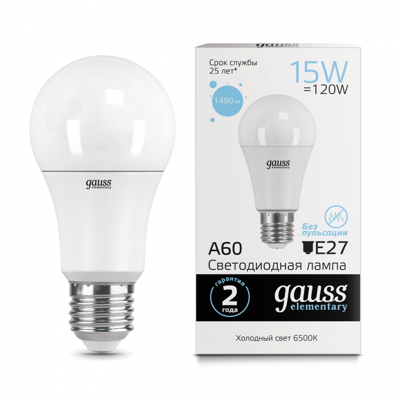 Лампа Gauss Elementary A60 15W 1480lm 6500K E27 LED 1/10/50