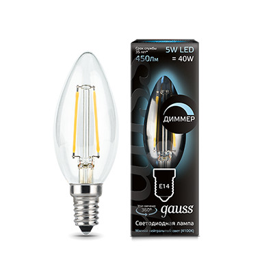 Лампа Gauss Filament Свеча 5W 450lm 4100К Е14 диммируемая LED 1/10/50