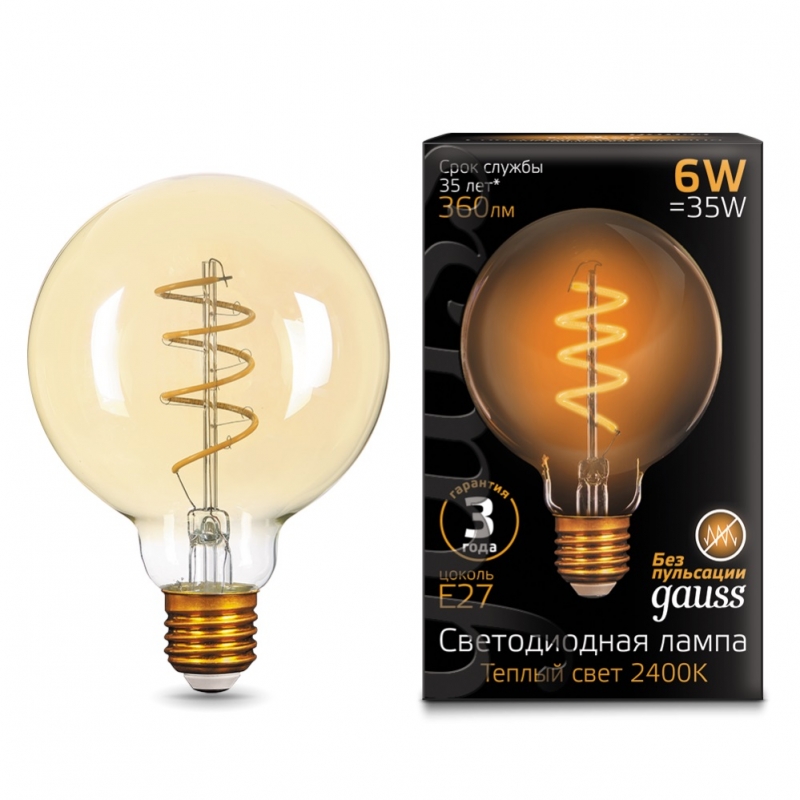 Лампа Gauss Filament G95 6W 360lm 2400К Е27 golden flexible LED 1/20