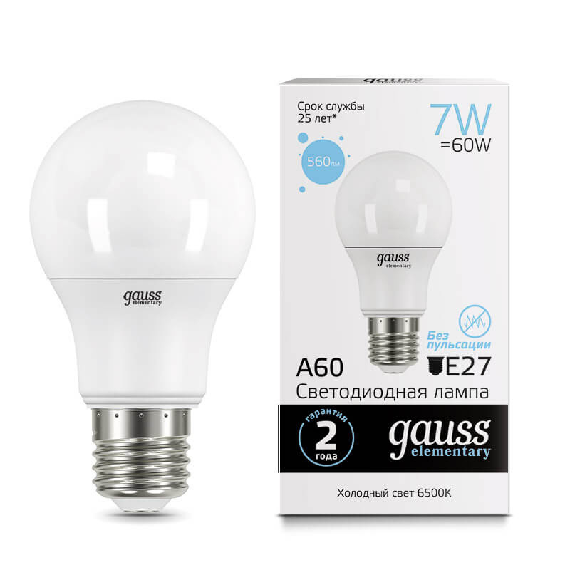 Лампа Gauss Elementary A60 7W 560lm 6500K E27 LED 1/10/100