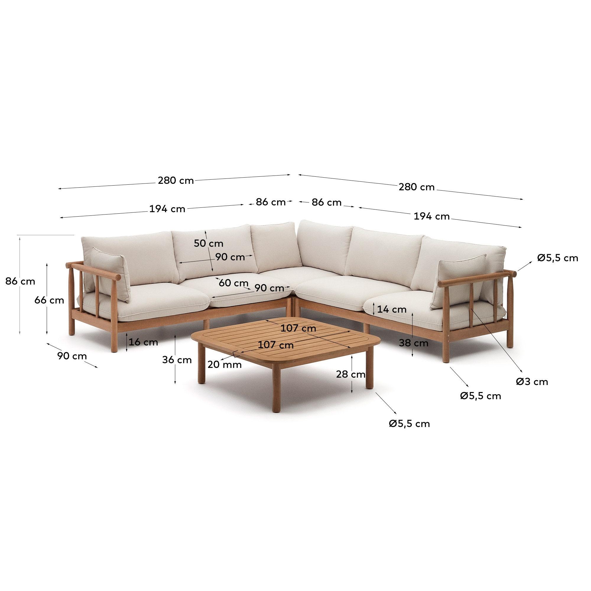 Комплект мебели La Forma Sacova 5-местный угловой диван и журнальный столик массив эвкалипта 158164
