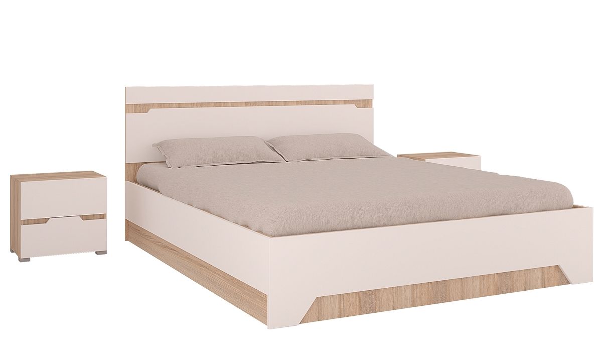 Двуспальная кровать Анталия Горизонт с тумбами Сонома / Белый Софт