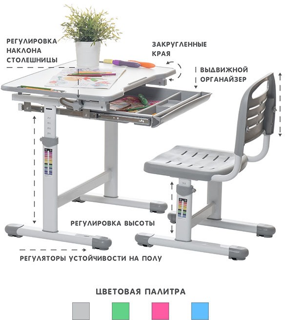 Комплект парта и стул (растущие) SET Holto-2A серый