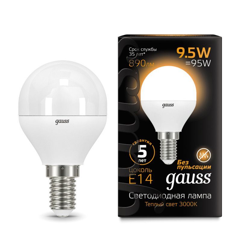 Лампа Gauss Шар 9.5W 890lm 3000K E14 LED 1/10/100