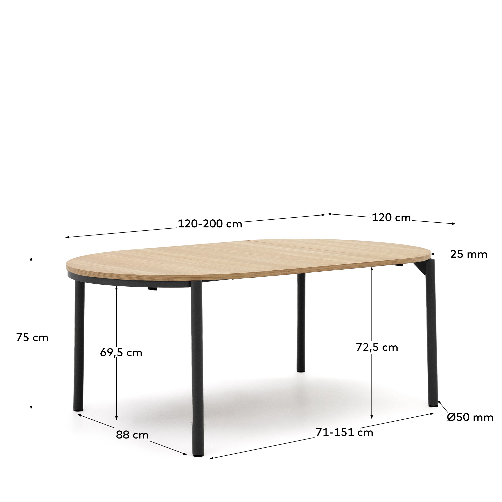 Стол обеденный La Forma Montuiri 120х120-200 раздвижной круглый дубовый шпон черные ножки 181497