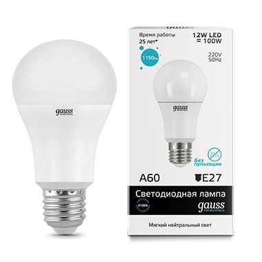 Лампа Gauss Elementary A60 12W 1150lm 4100K E27 LED 1/10/40