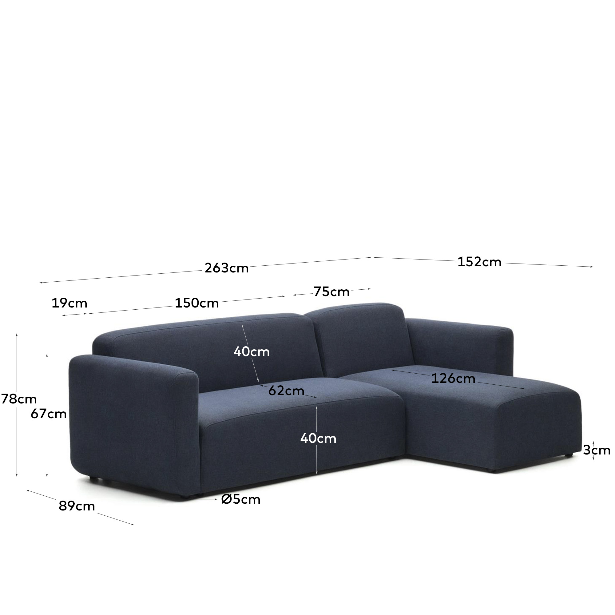 Модульный диван La Forma Neom синий правый / левый шезлонг 263 см 157119