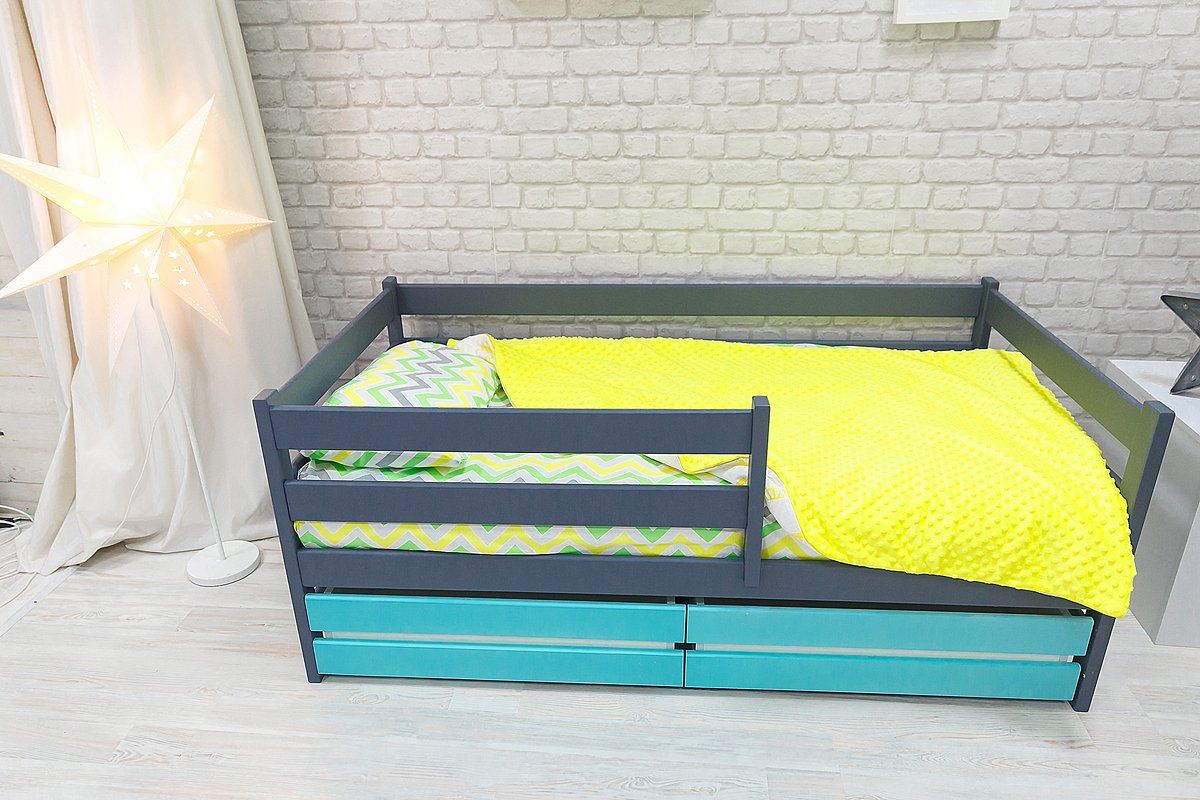 Детская кровать-манеж Сонечка графит-голубой с ящиками