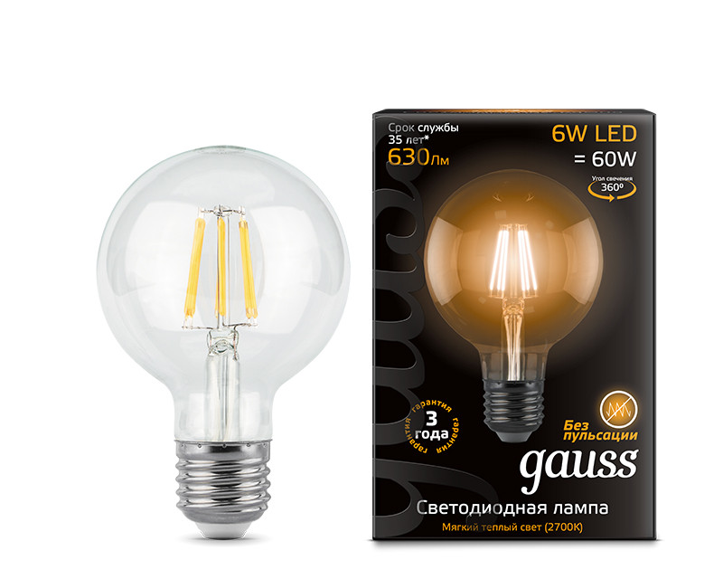 Лампа Gauss Filament G95 6W 630lm 2700К Е27 LED 1/20