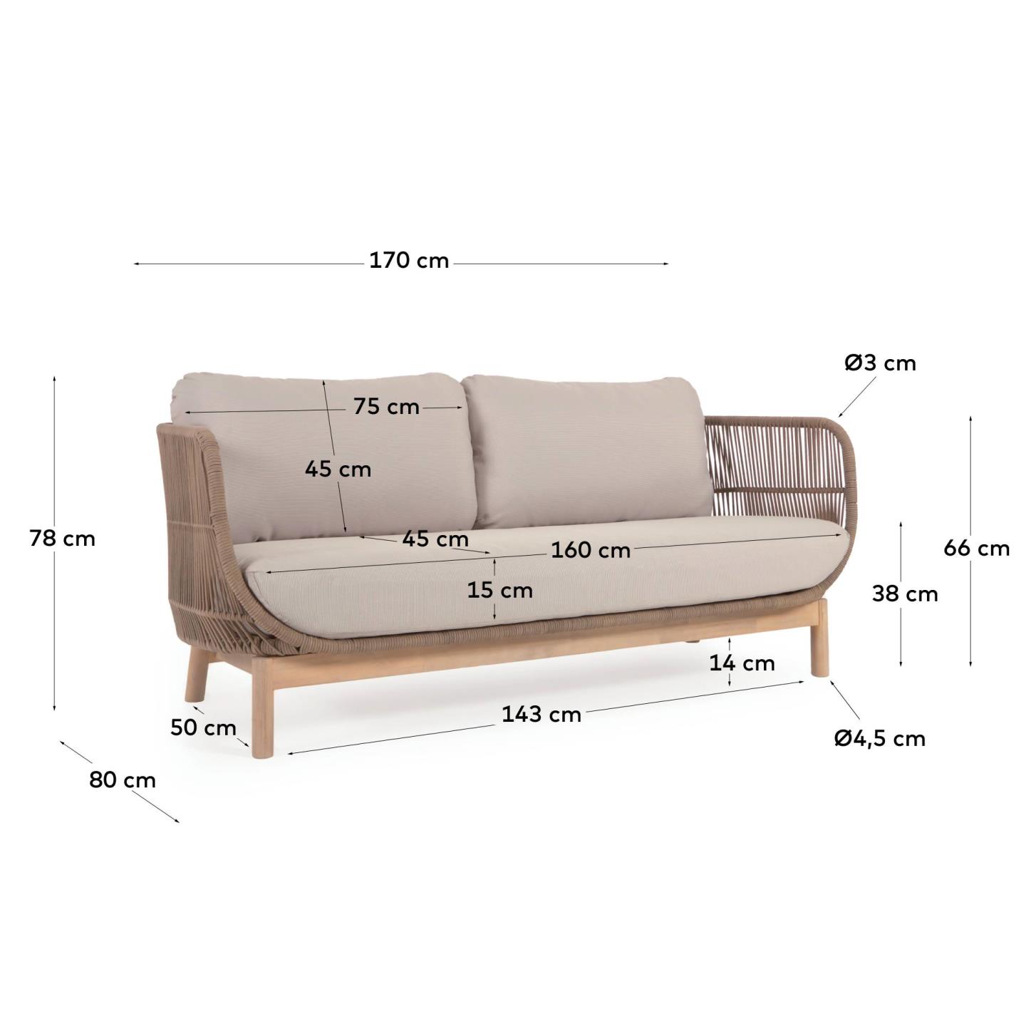 Диван 3-местный La Forma Catalina из бежевой веревки и массива акации