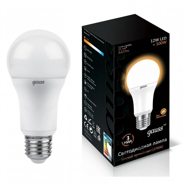 Лампа Gauss A60 12W 1150lm 3000K E27 LED 1/10/50
