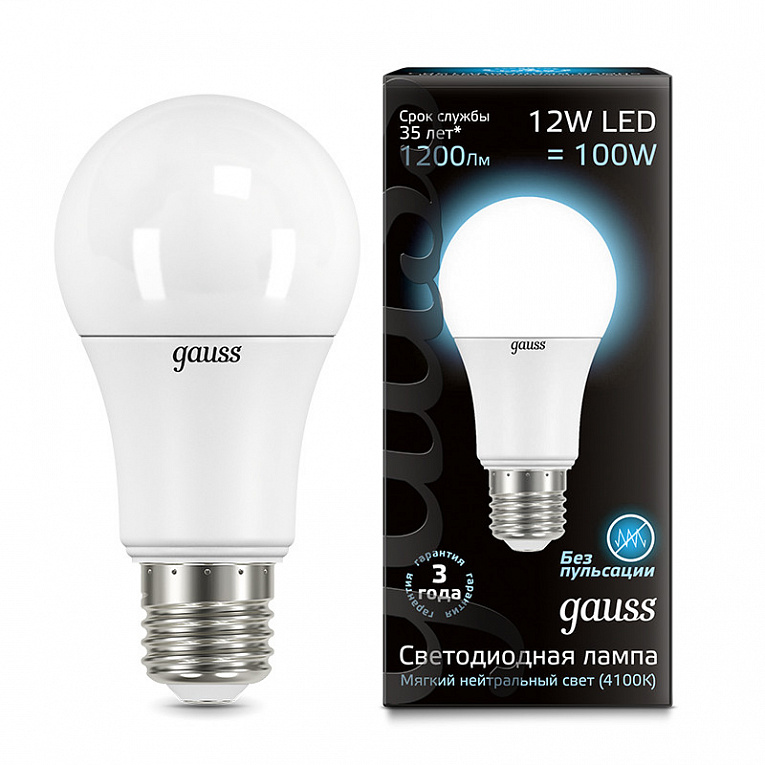 Лампа Gauss A60 12W 1200lm 4100K E27 LED 1/10/50