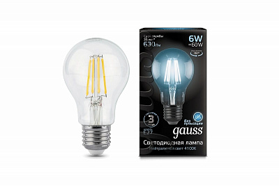 Лампа Gauss Filament А60 6W 630lm 4100К Е27 LED 1/10/40