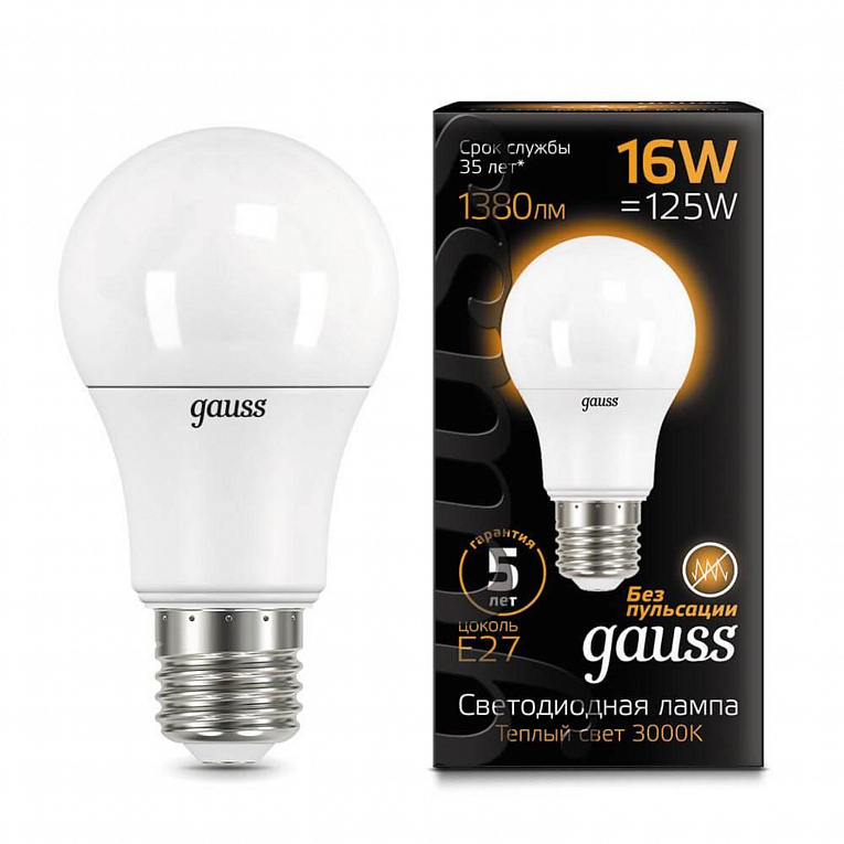 Лампа Gauss A60 16W 1440lm 3000K E27 LED 1/10/50