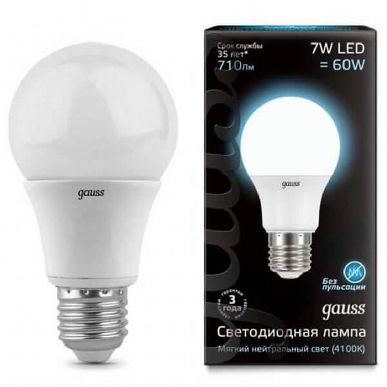 Лампа Gauss A60 7W 710lm 4100K E27 LED 1/10/50
