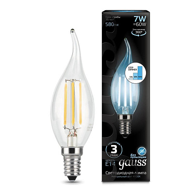 Лампа Gauss Filament Свеча на ветру 7W 580lm 4100К Е14 шаг. диммирование LED 1/10/50