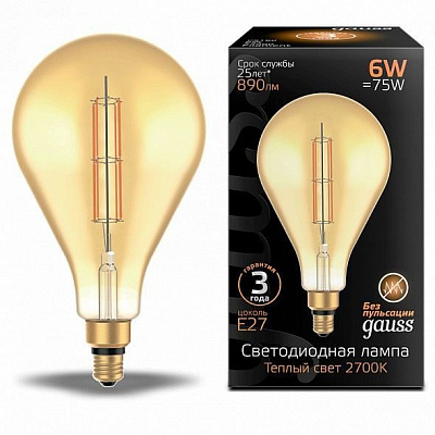 Лампа Gauss Filament PS160 6W 890lm 2700К Е27 golden straight LED 1/6