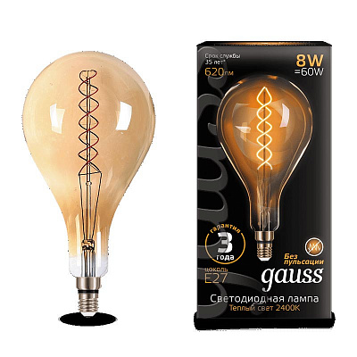 Лампа Gauss Filament А160 8W 620lm 2400К Е27 golden flexible LED 1/6