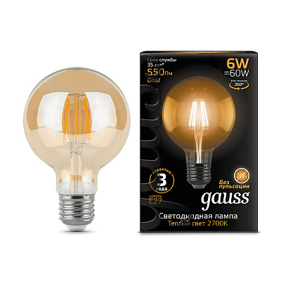 Лампа Gauss Filament G95 6W 550lm 2400К Е27 golden LED 1/20