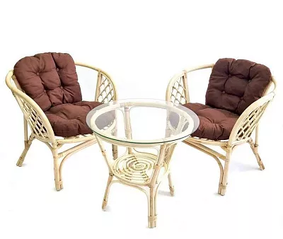 Комплект мебели из ротанга Багама дуэт с круглым столом натуральный подушки твил обычные коричневые
