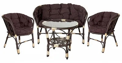 Комплект из полиротанга Багама с диваном с круглым столом (подушки ситец полные темно-коричневые)
